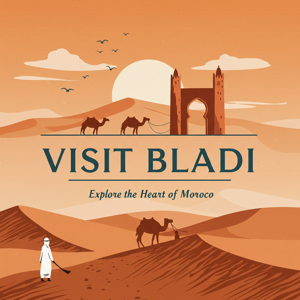 VISIT BLADI logo featuring Moroccan cultural symbols and travel-inspired design with the subtitle "Explore the Heart of Morocco"